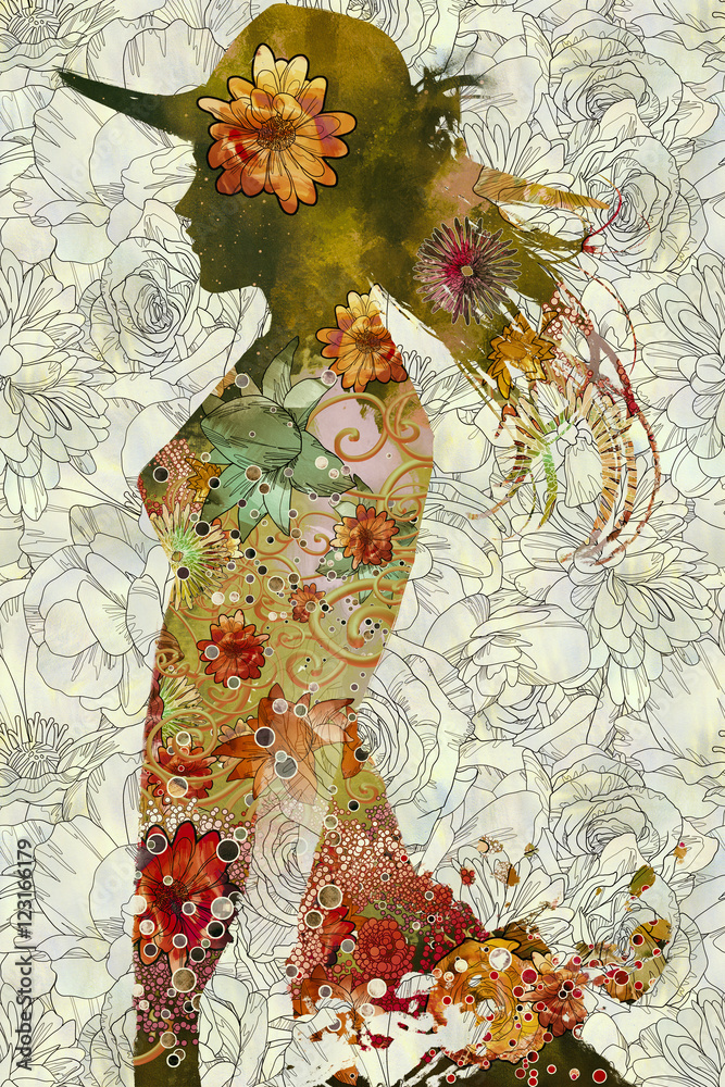 double exposure of woman with hat and colorful flowers on floral background,illustration painting