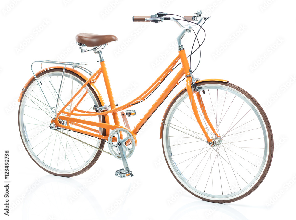 时尚女式橙色自行车，白色隔离