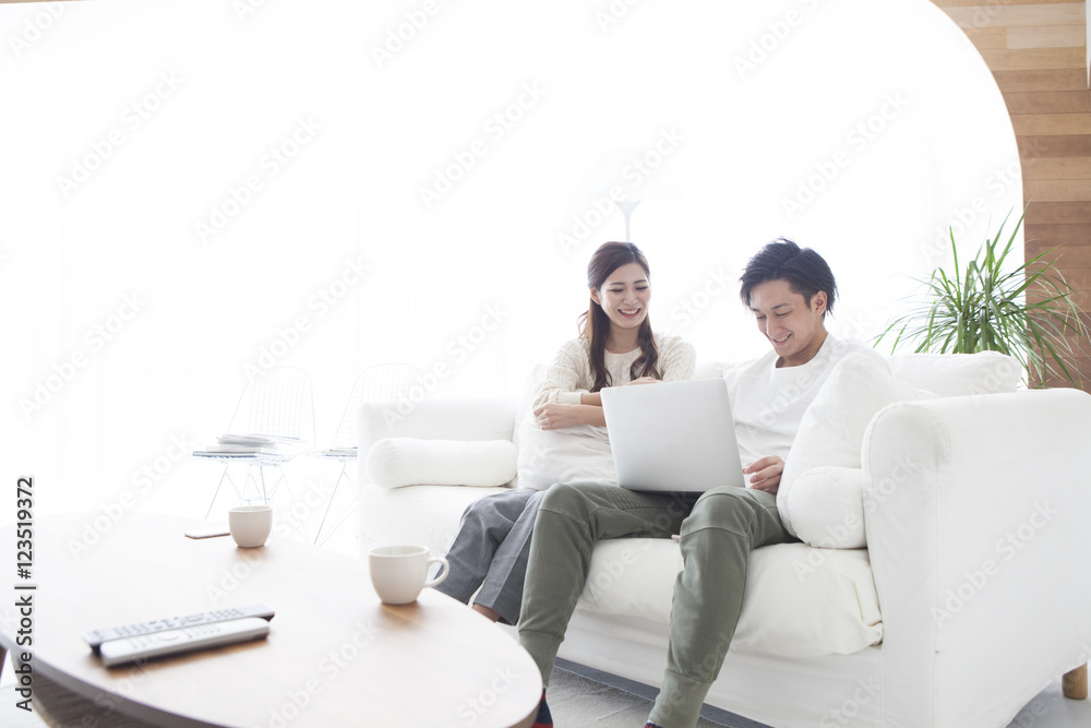 这对夫妇正在客厅里看笔记本电脑