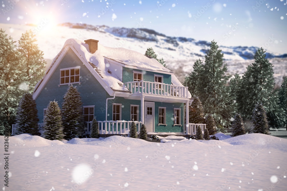 白雪覆盖的房屋与树木的合成图像