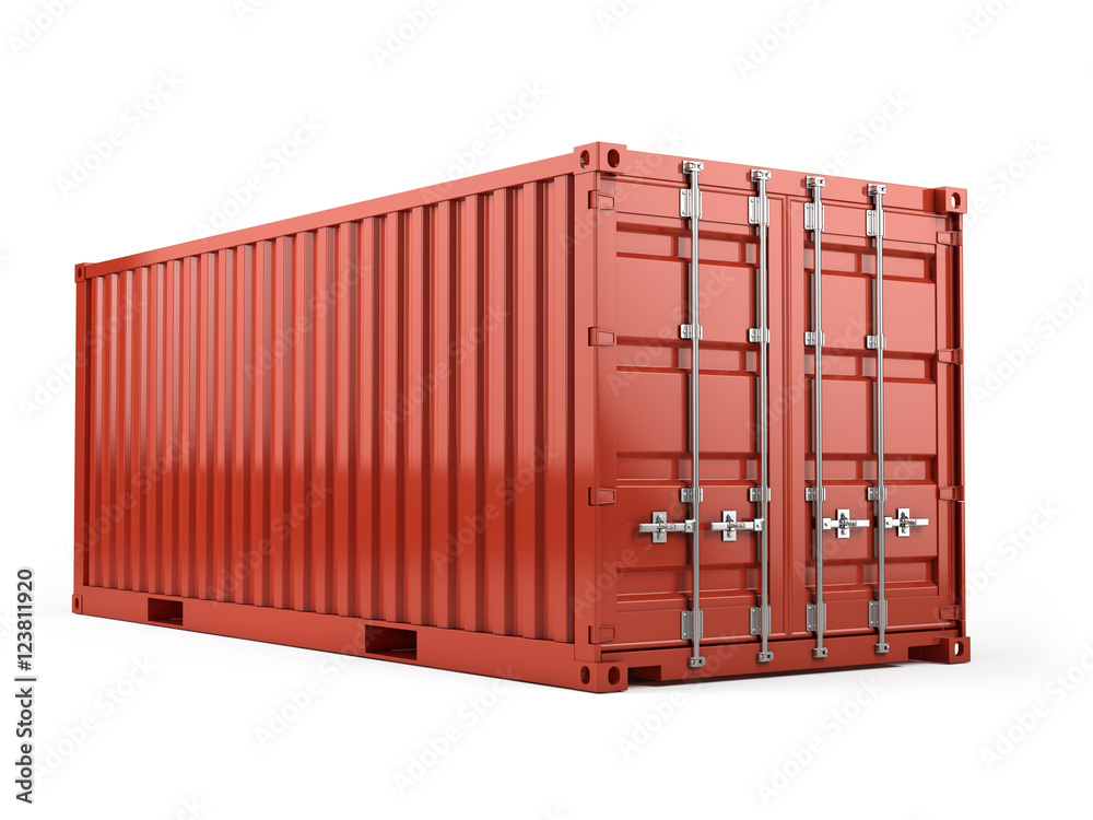 白色背景下的红色货运集装箱。3d渲染