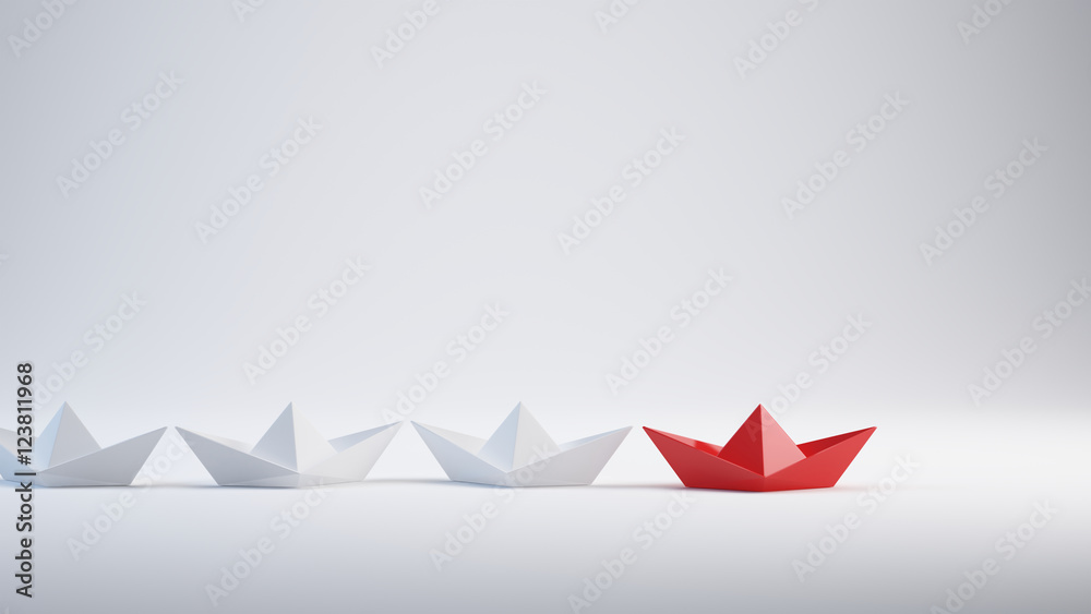领导力概念-红色领袖纸船。3d渲染图