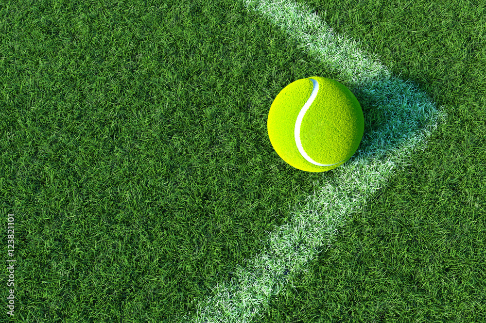 角落球场的网球，绿草上的网球。3D插图