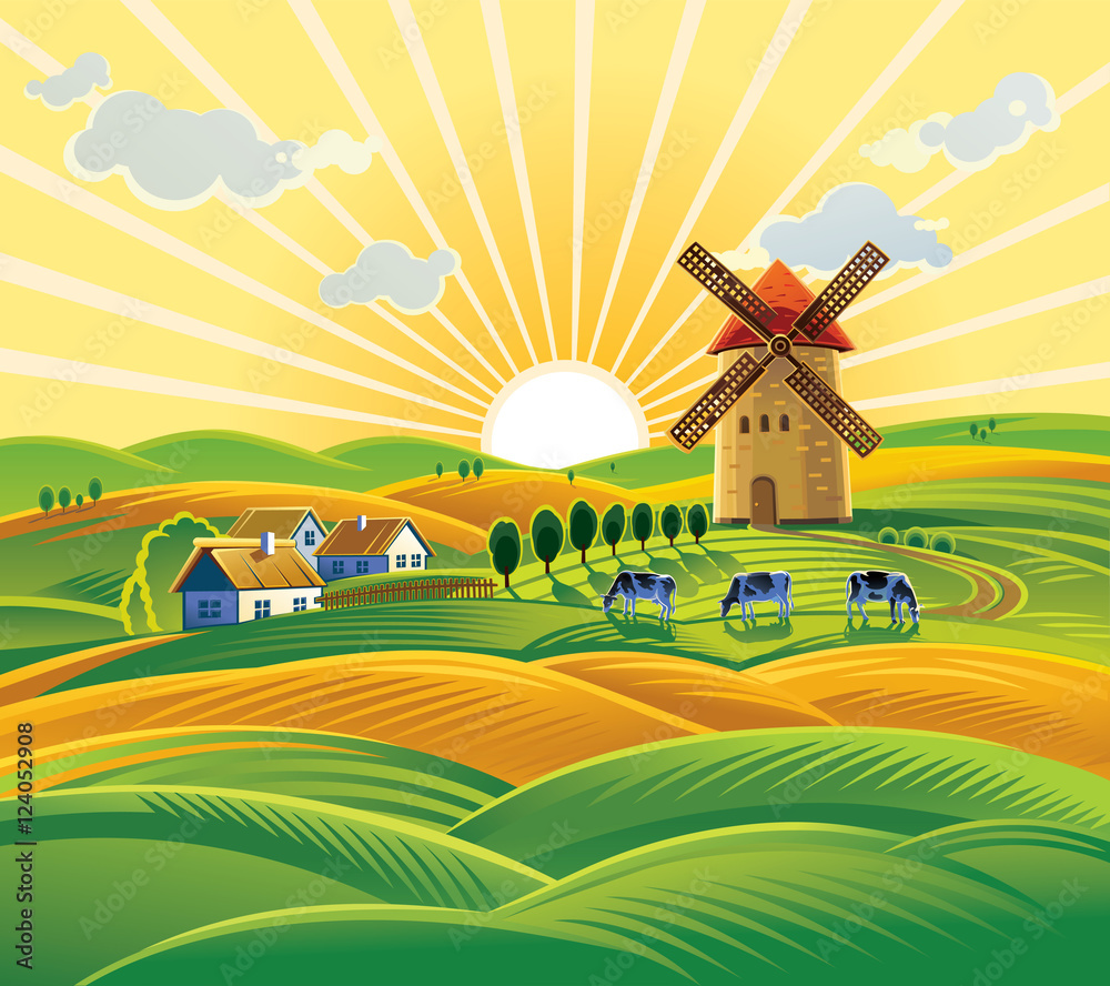 日落背景下的乡村景观，有风车、村庄和牛群。