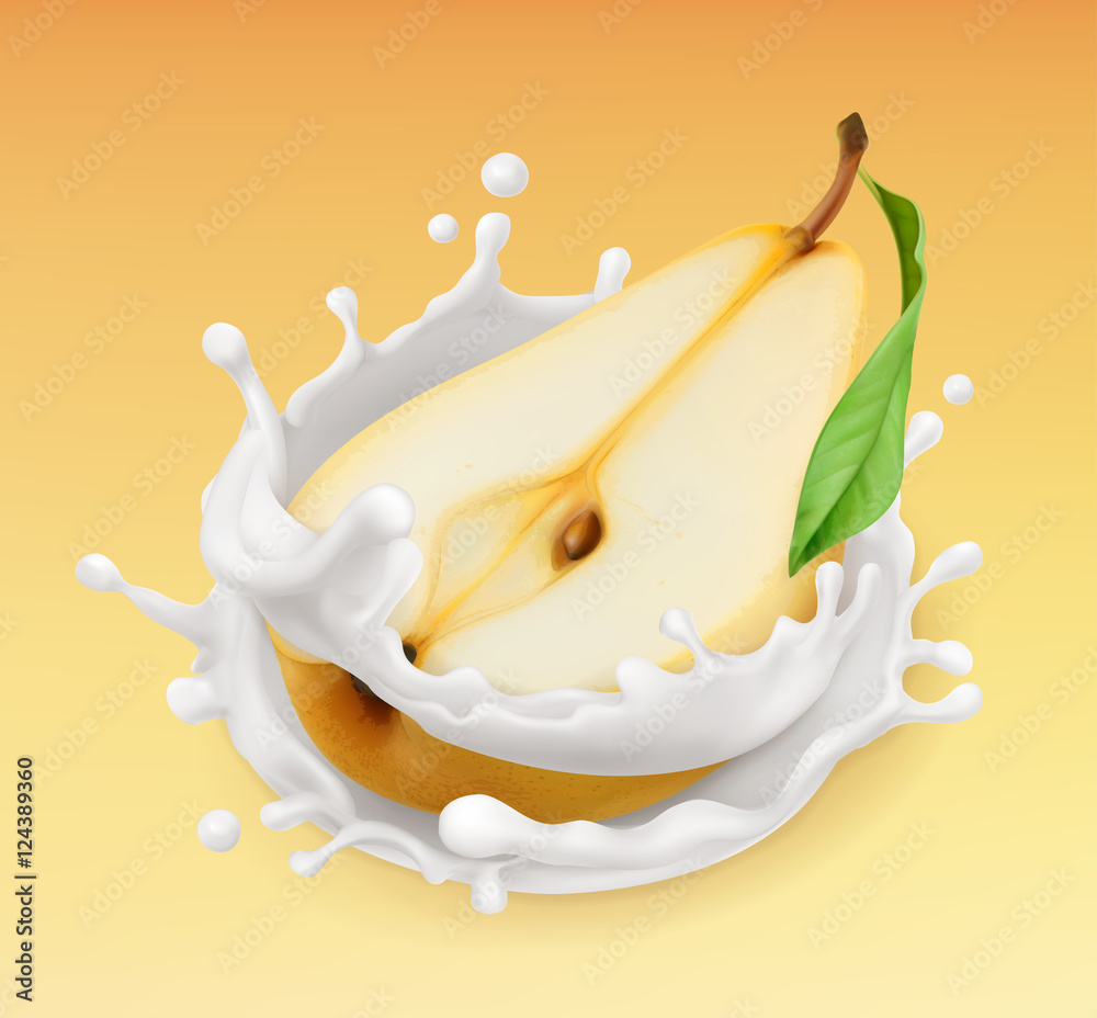 梨和牛奶飞溅。水果和酸奶。逼真的插图。三维矢量图标