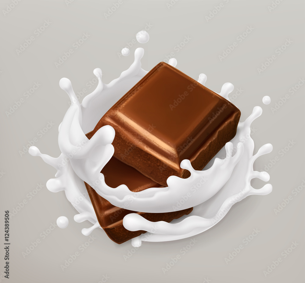巧克力和牛奶飞溅。巧克力和酸奶。逼真的插图。三维矢量图标