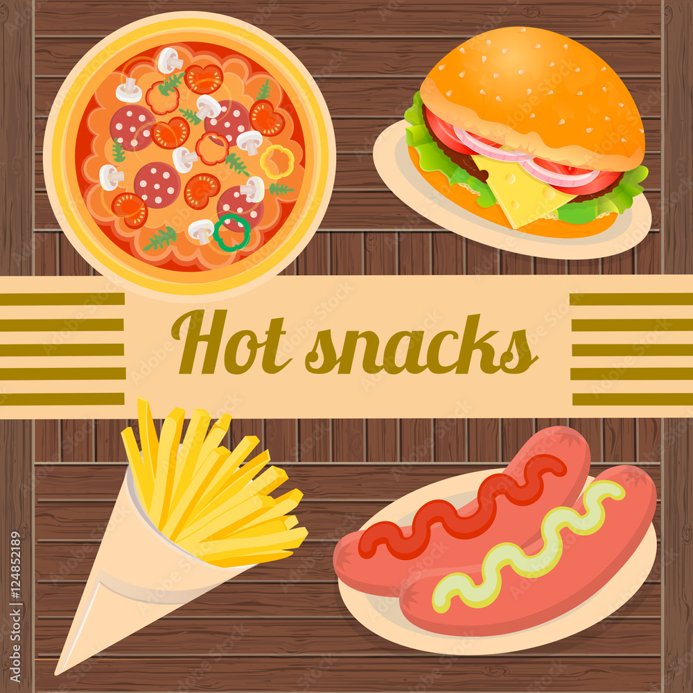 Hot snacks pizza, hamburger, sausages, French fries