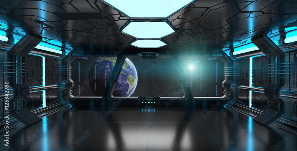 太空船内部，地球上的视图3D渲染el