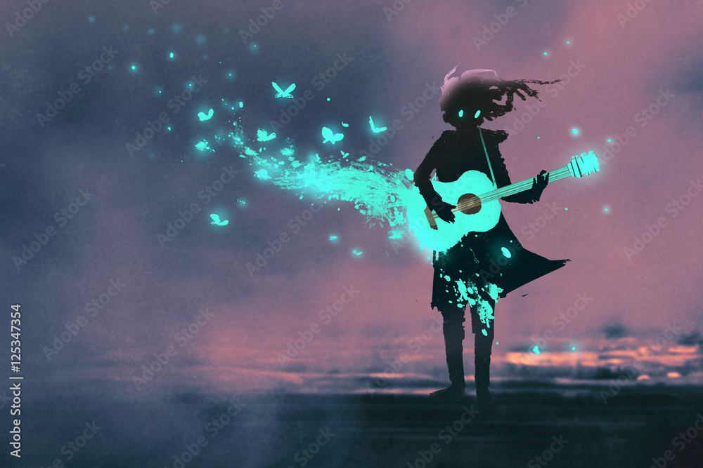 用蓝光和发光的蝴蝶弹吉他的女孩，插图画