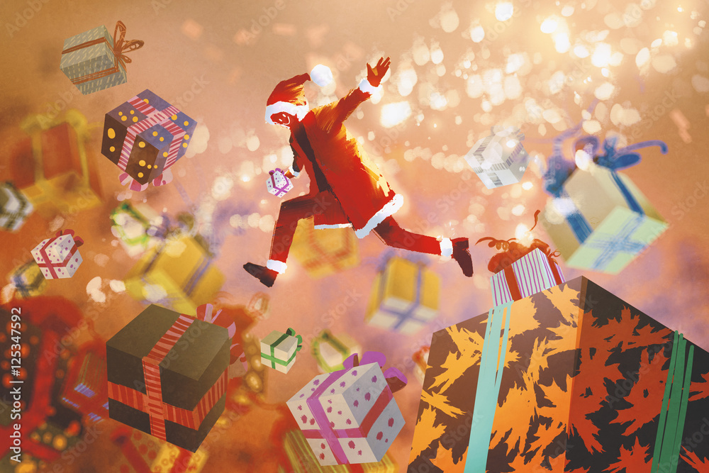 圣诞老人跳进五颜六色的礼盒，圣诞概念，插画