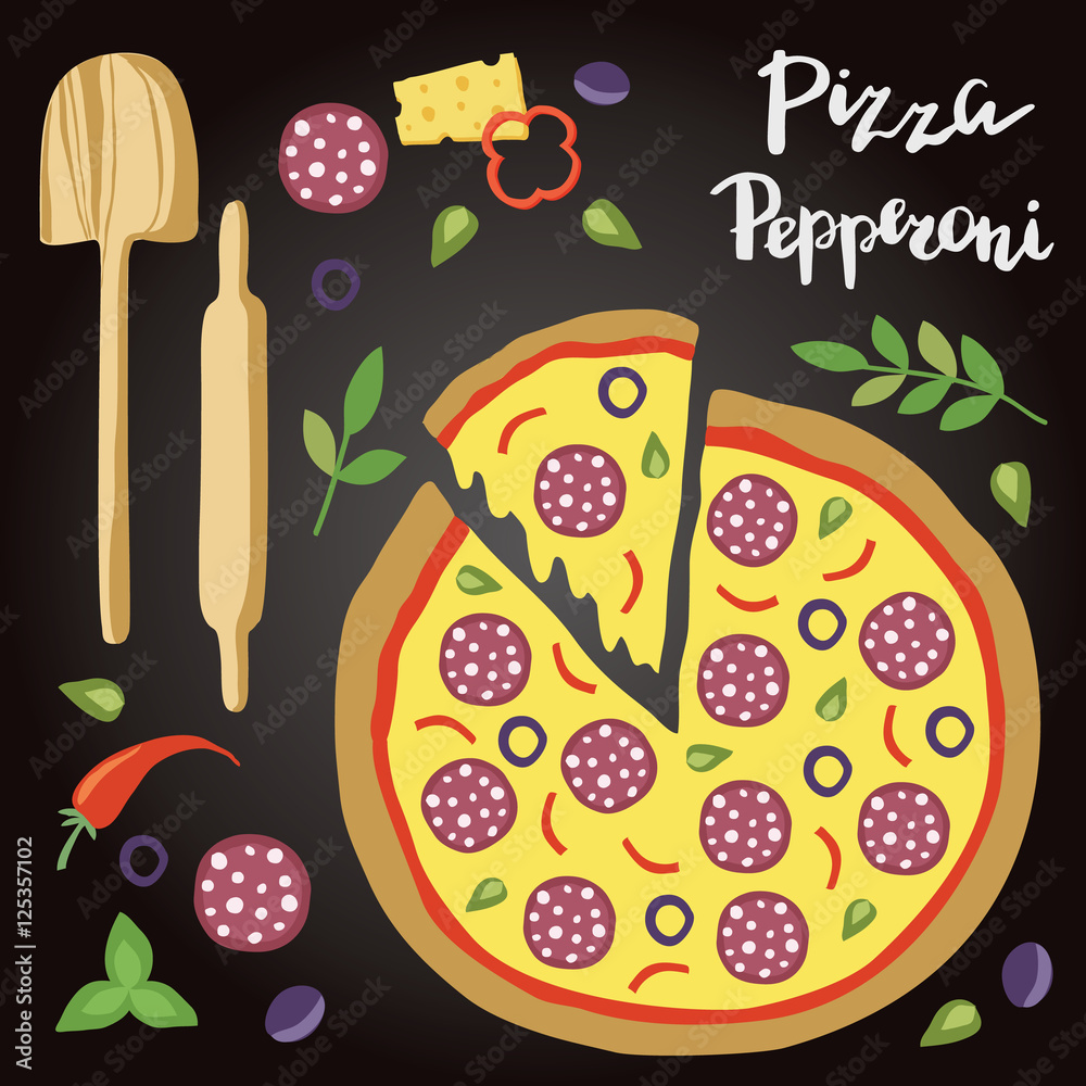 带配料的意大利辣香肠披萨的矢量插图。