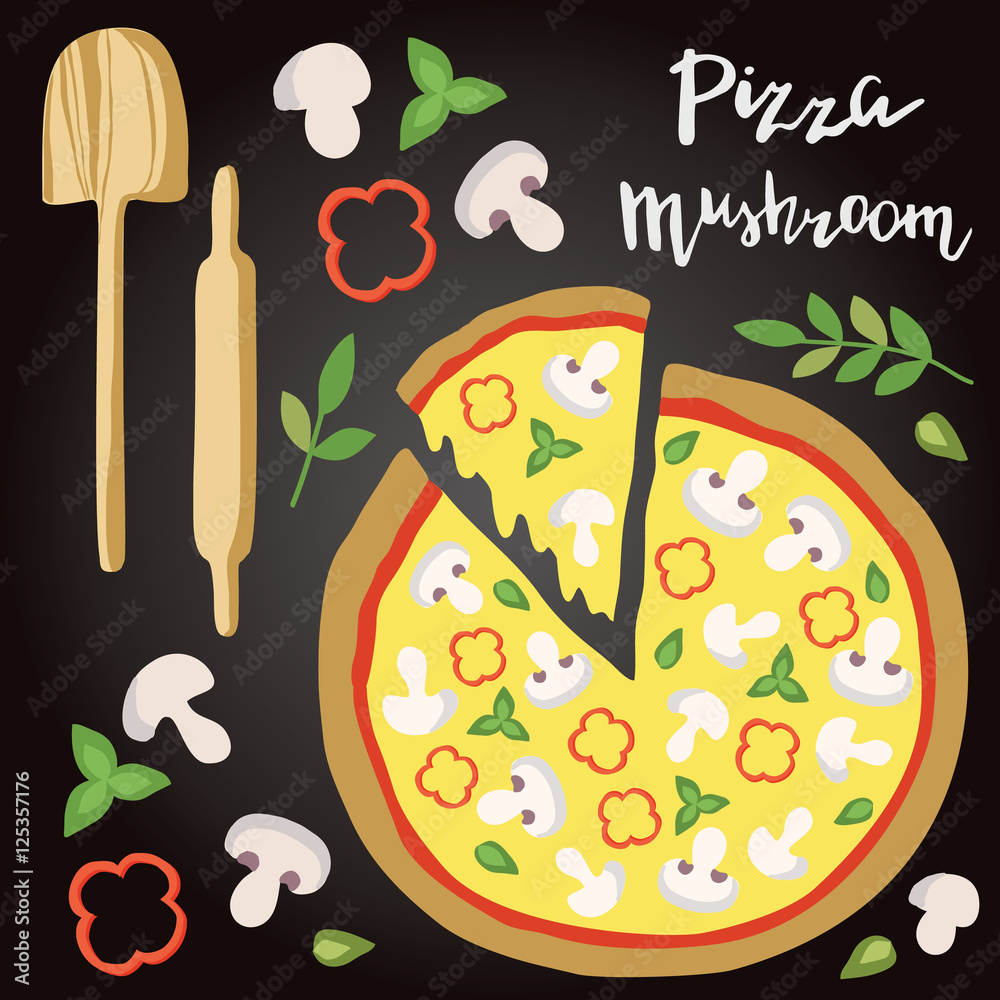 蘑菇披萨与配料的矢量插图。