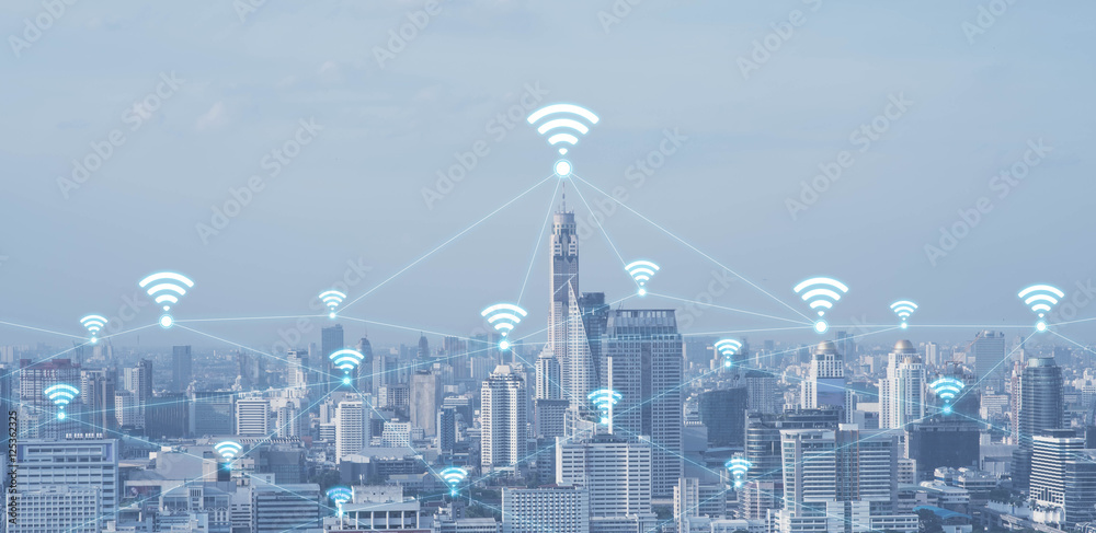 带wifi标志的城市景观连接线的蓝色高科技色调，t