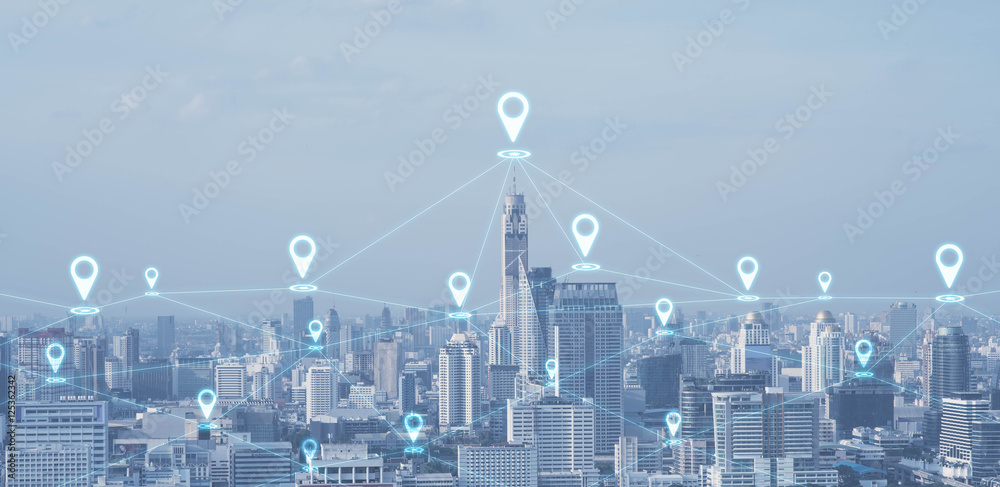 蓝色高科技色调的城市景观连接线，带pin标志，te