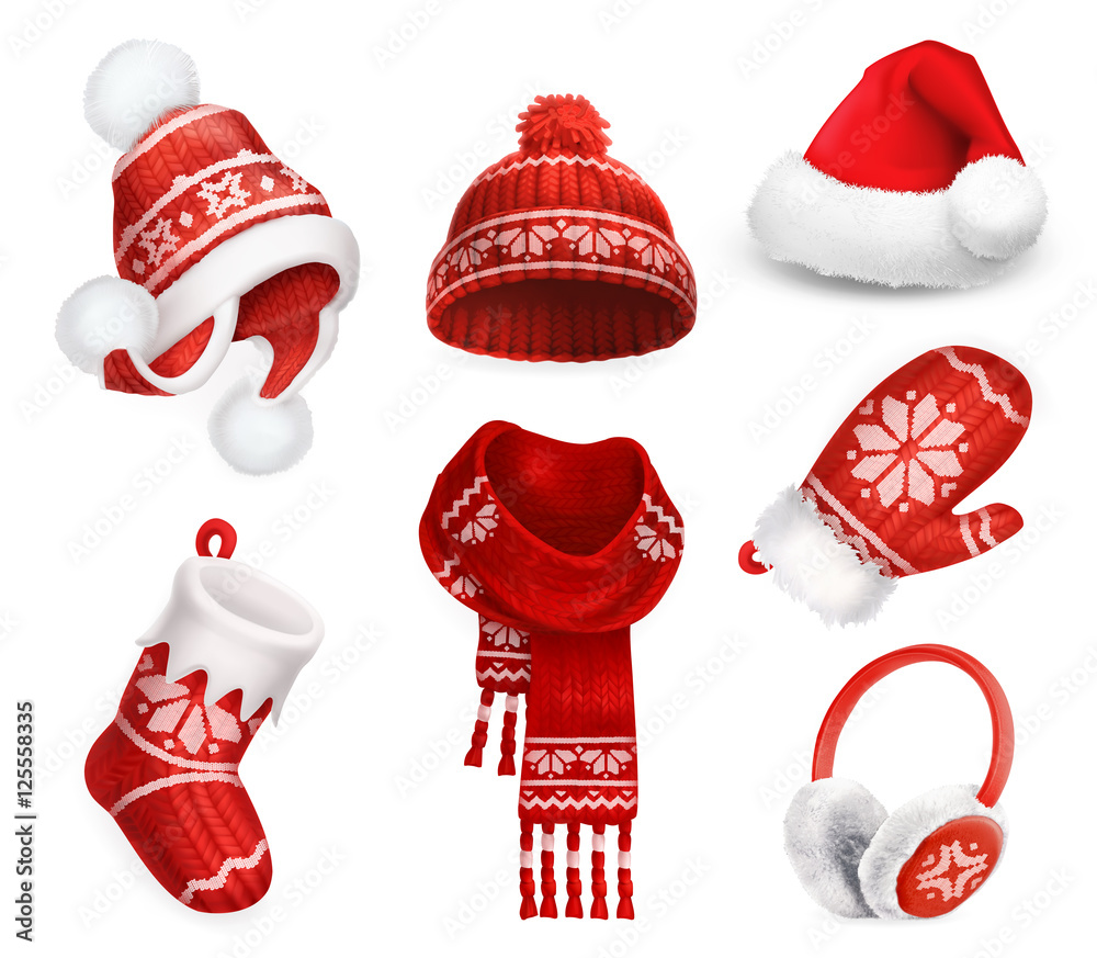 冬装。圣诞老人袜子帽。针织帽。圣诞袜。围巾。手套。耳罩。三维矢量