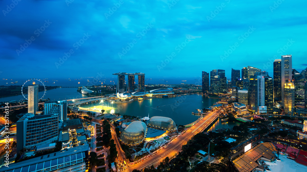 新加坡商业区和城市夜间鸟瞰图。