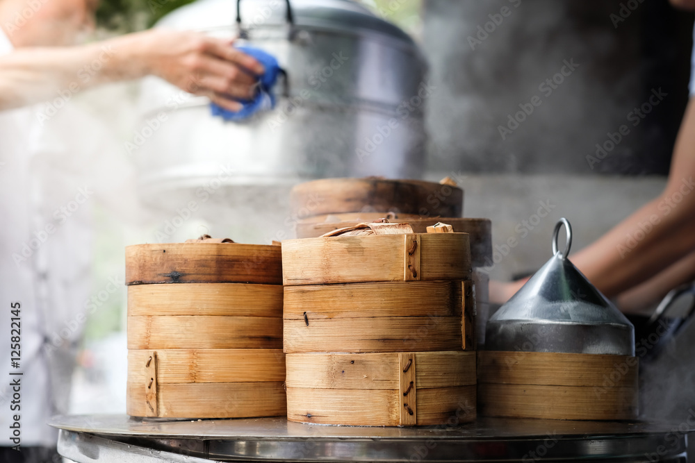 竹蒸笼点心，中国美食的美味