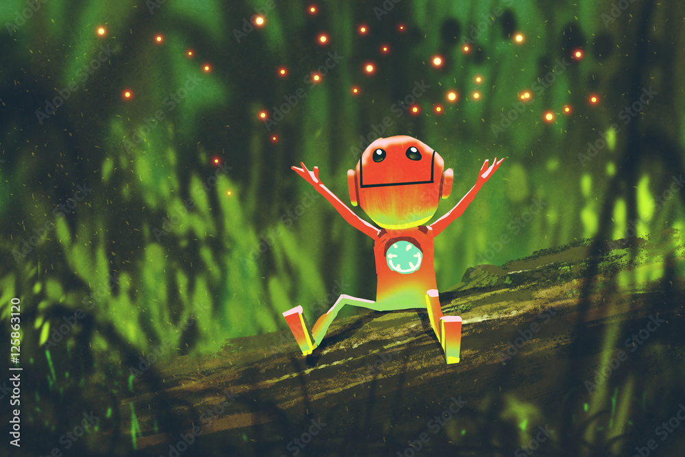 cute robot playing with fireflies in forest at night,illustration painting