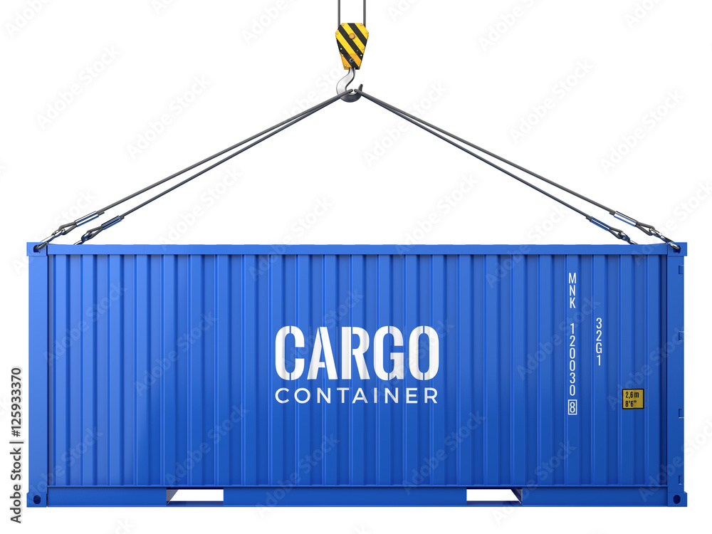 白色背景上隔离的蓝色货运集装箱。3d渲染