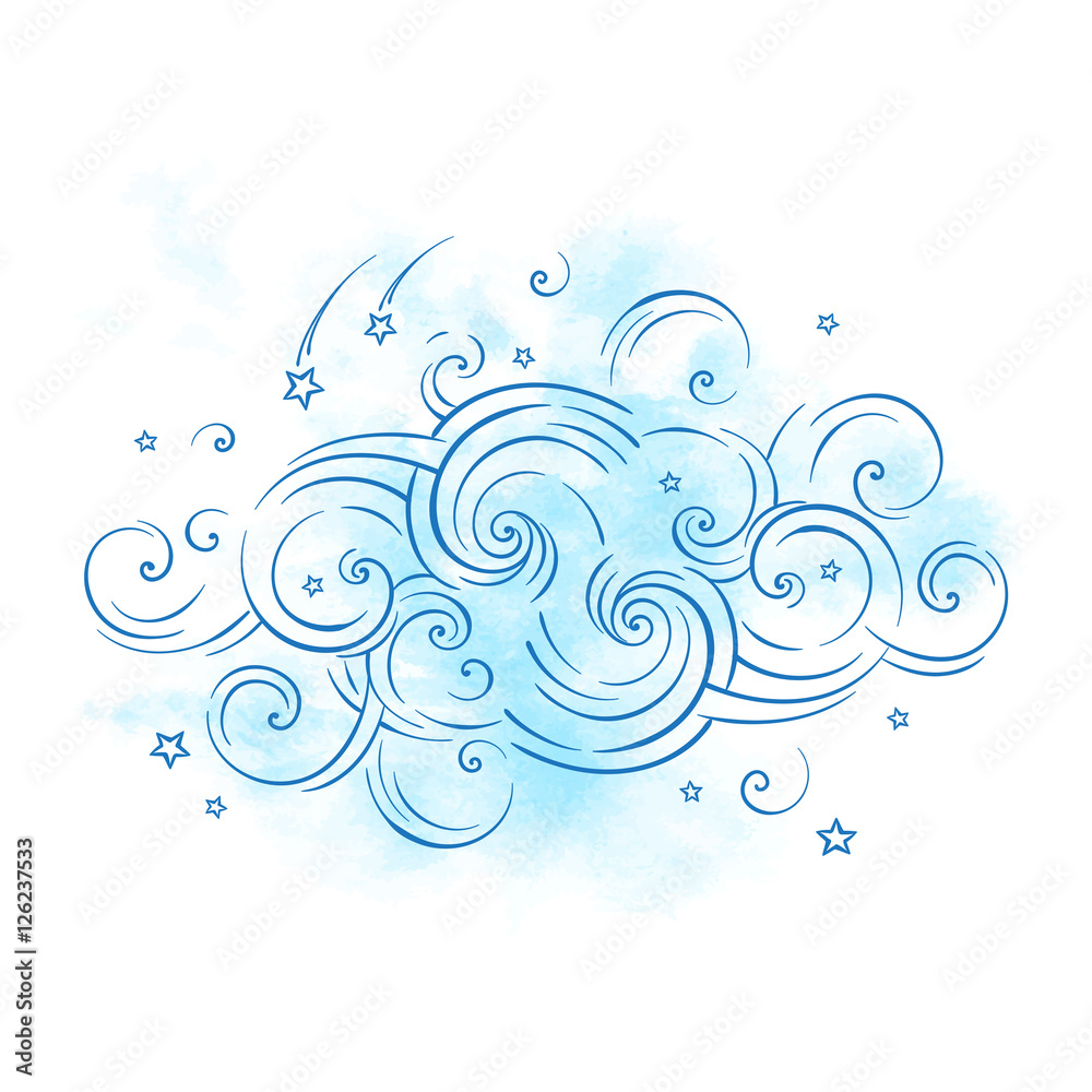 蓝色梦幻云和流星波西米亚涂鸦隔离矢量