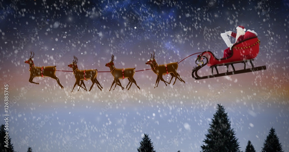圣诞老人坐在雪橇上的侧视合成图像