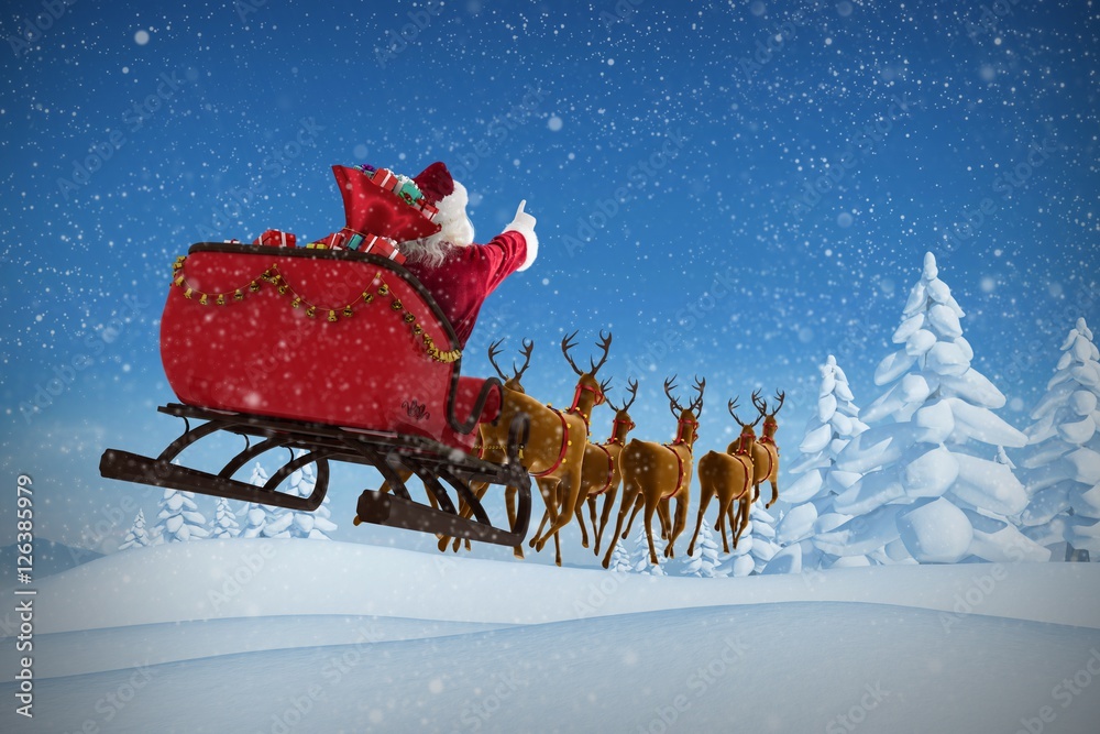 圣诞老人带着礼盒坐在雪橇上的合成图像