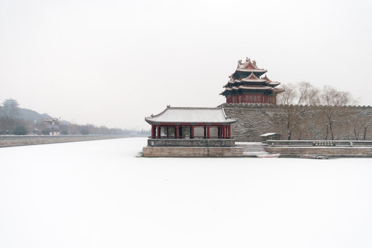 The forbidden city in Beijing and  Snow-covered moat. Shooting on a snowy day. beijing landmark