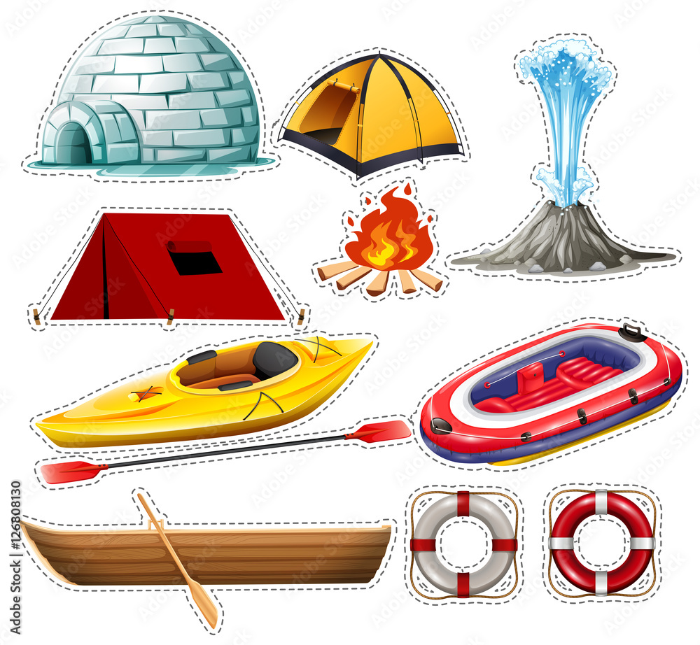 不同种类的船和露营用品