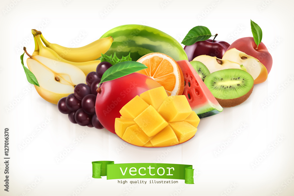 芒果和多汁的水果，在白色上分离的矢量插图