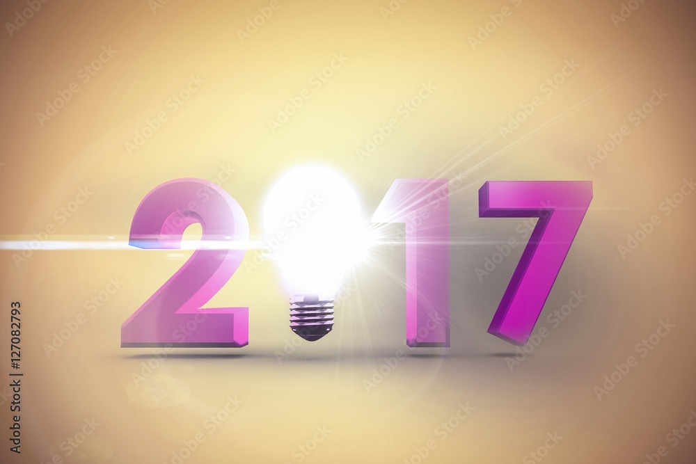 Composite image of 2017 with glowing light bulb over white backg