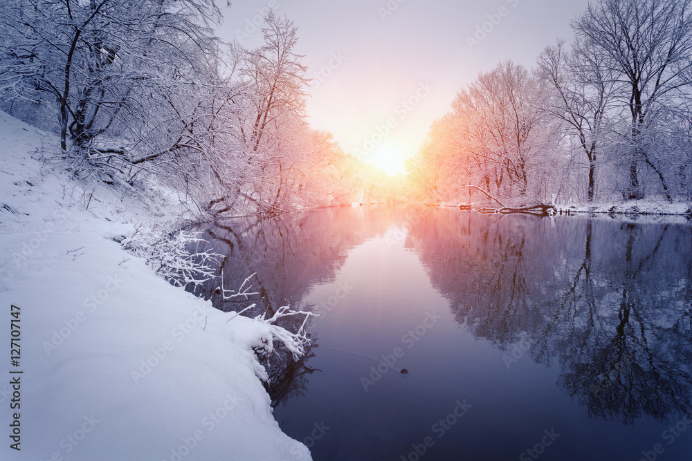 日落时河上的冬季森林。白雪皑皑的树木，美丽的冰冻河流。