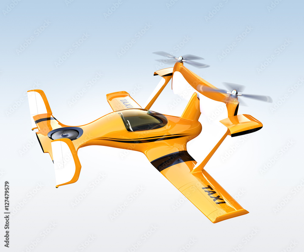 黄色自动驾驶无人机在空中滑行。3D渲染图像。