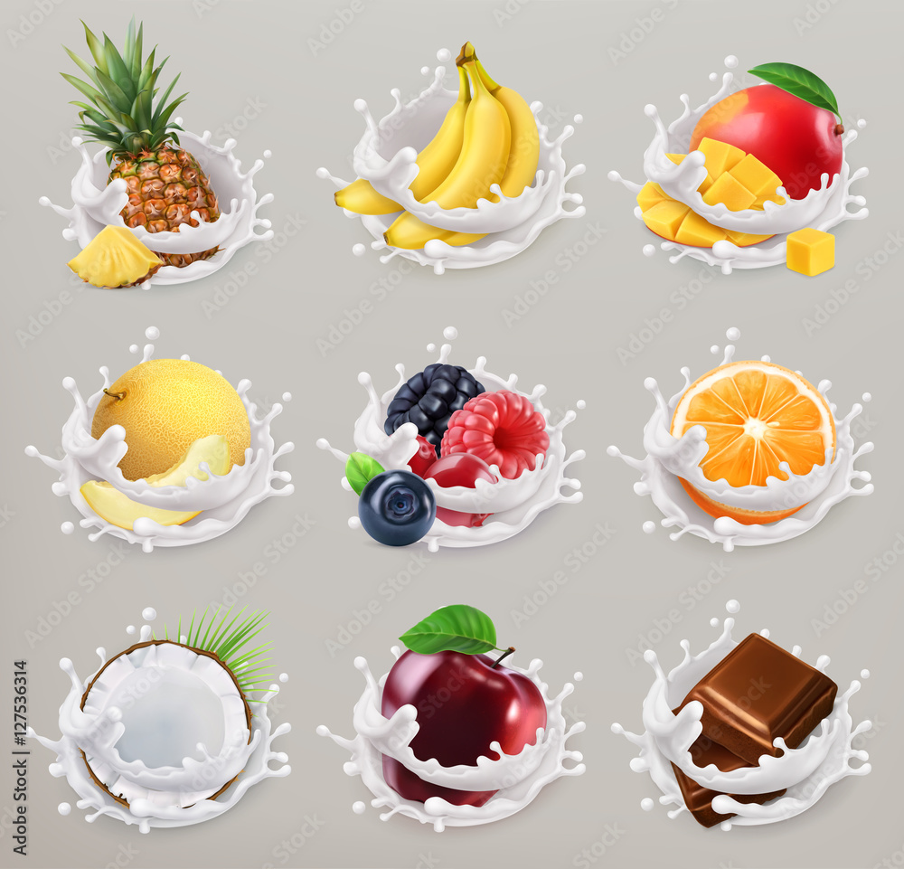 水果、浆果和酸奶。芒果、香蕉、菠萝、苹果、橙子、巧克力、甜瓜、椰子。3d ve