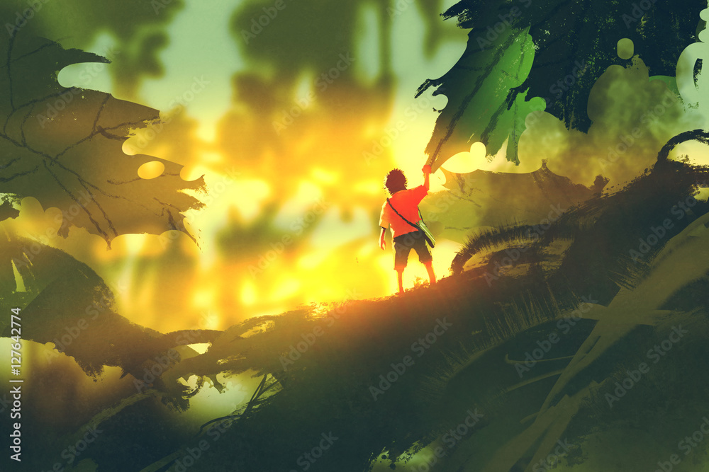 小男孩站在巨大的树叶上寻找阳光，插图画