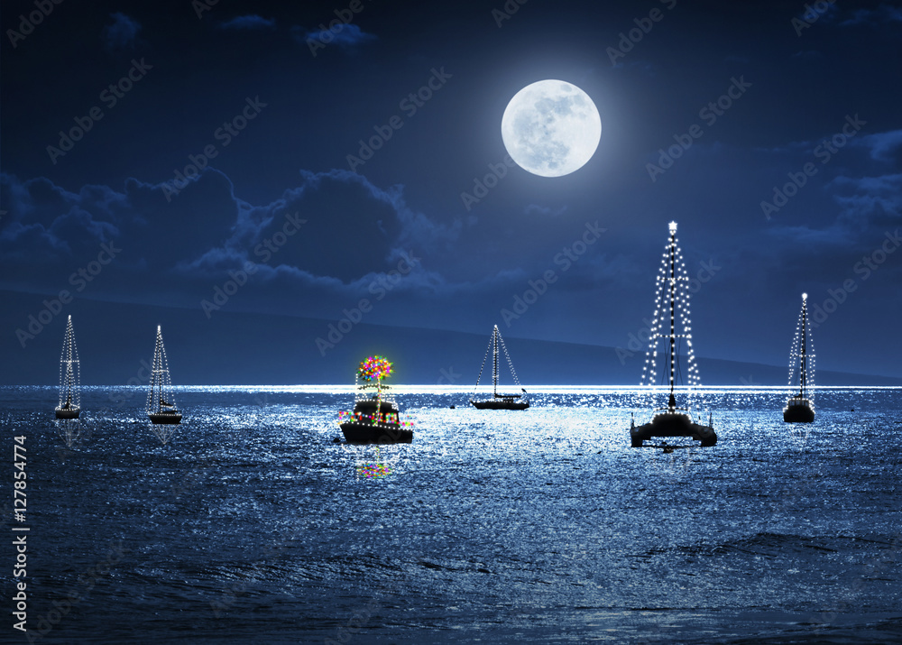 This photo illustration depicts a warm ocean Christmas Holiday scene with full moon, a small group o