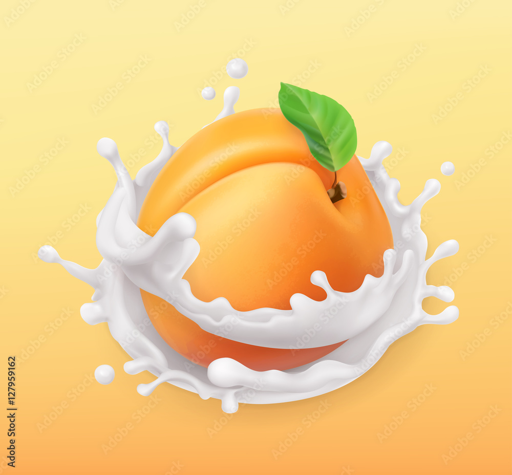 杏子和牛奶飞溅。水果和酸奶。逼真的插图。三维矢量图标