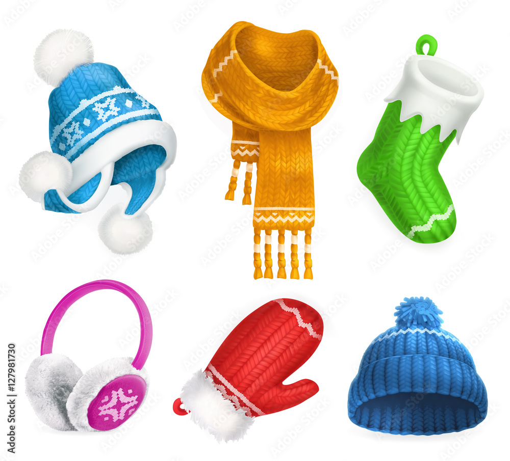 冬装。针织帽。圣诞袜。围巾。手套。耳罩。三维矢量图标集