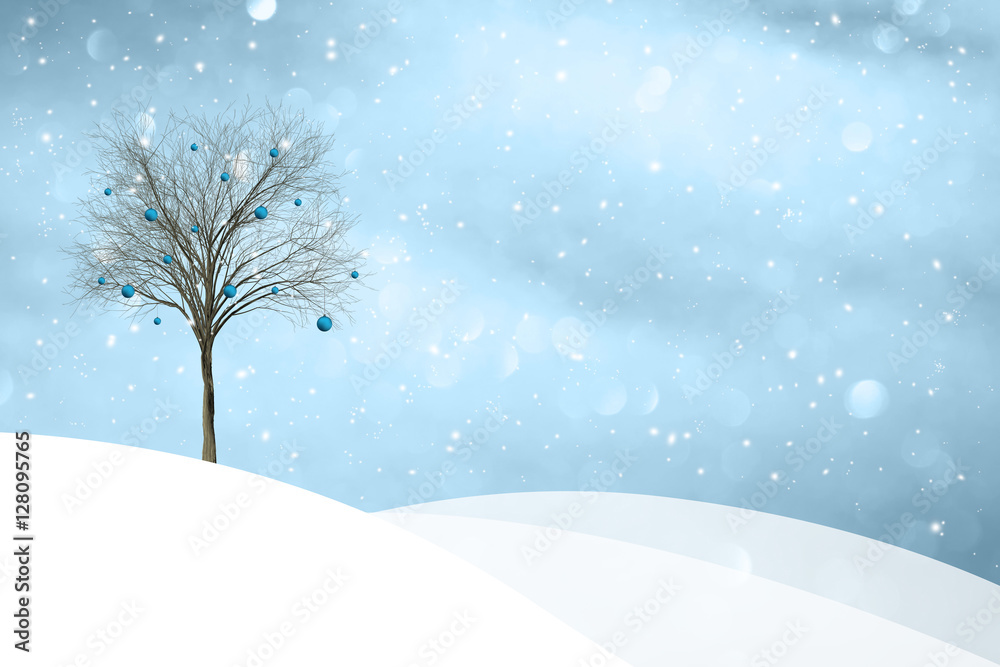 美丽的冬季雪景，新年装饰树插图背景。美丽的Ne