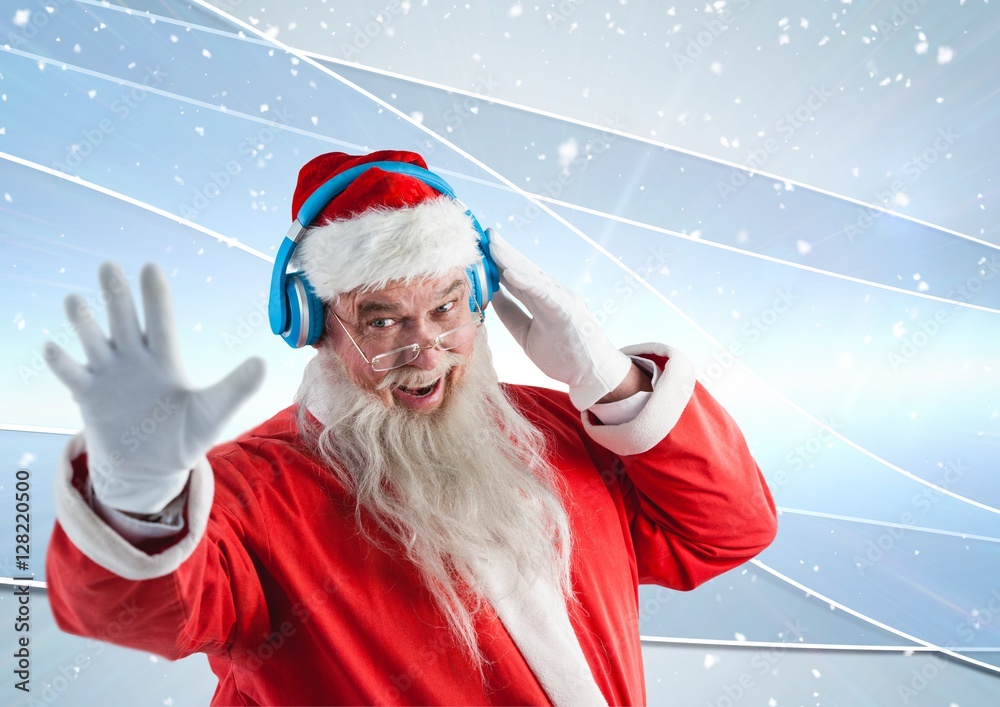 圣诞老人戴着耳机听音乐时做手势