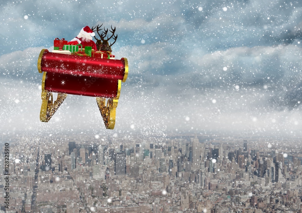 圣诞老人骑着驯鹿雪橇在城市上空