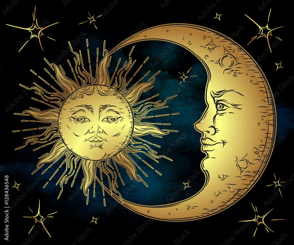 古董风格的手绘艺术——蓝黑色天空上的金色太阳、新月和星星。波西米亚风格的设计
