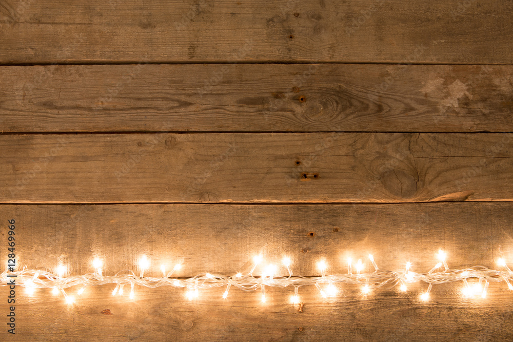 圣诞乡村背景-复古木板，带灯和自由文本空间