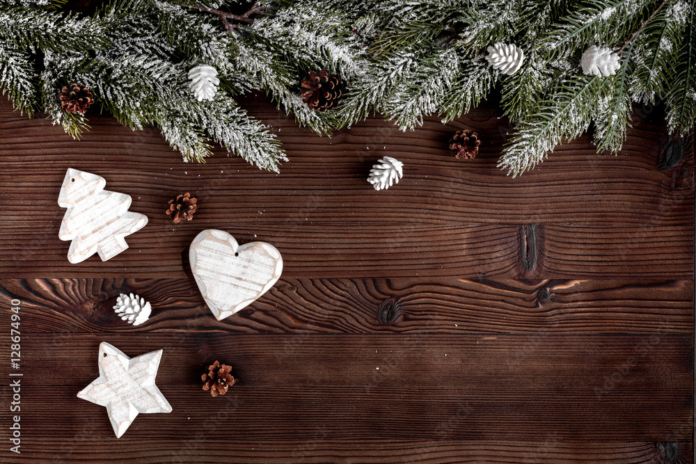 Christmas decorations New Year on dark wooden background top view