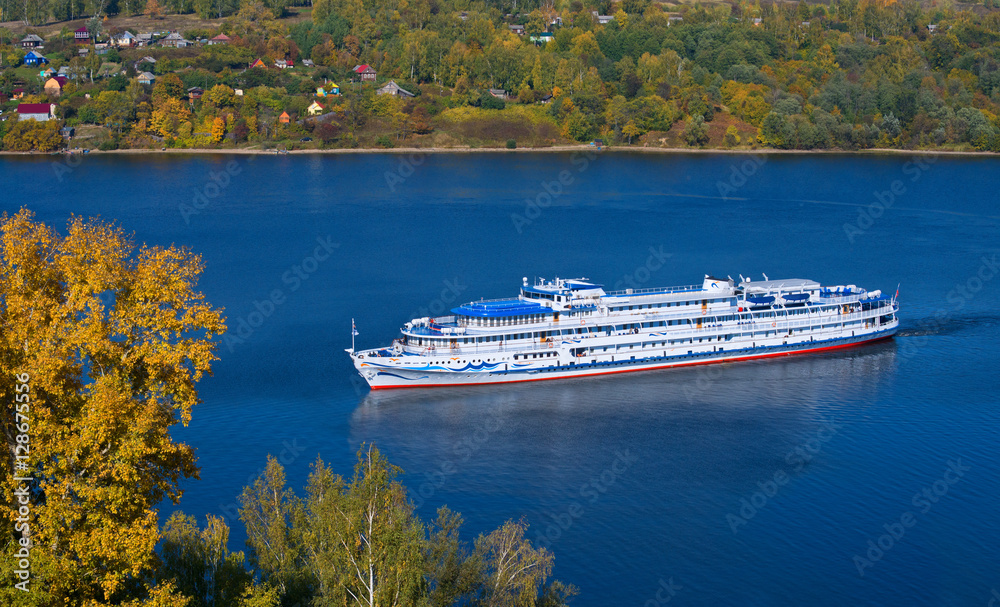 Вig cruise liner on Volga River the top view.