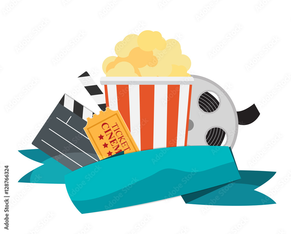 Abstract Cinema Flat Background with Reel, Old Style Ticket, Big