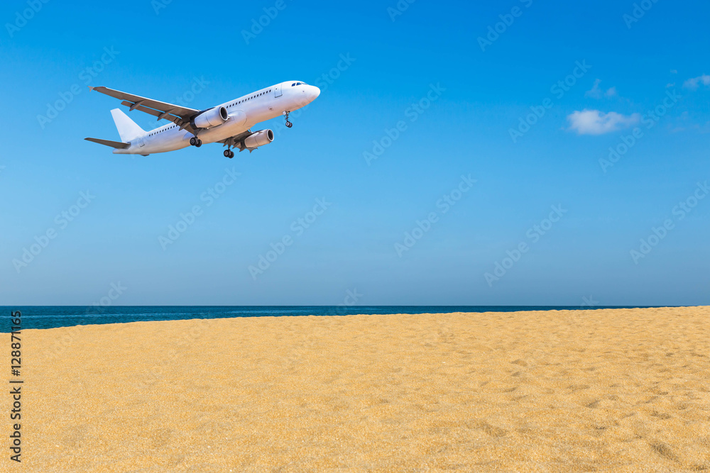蓝天背景下，一架客机在碧海和热带海滩上空降落
