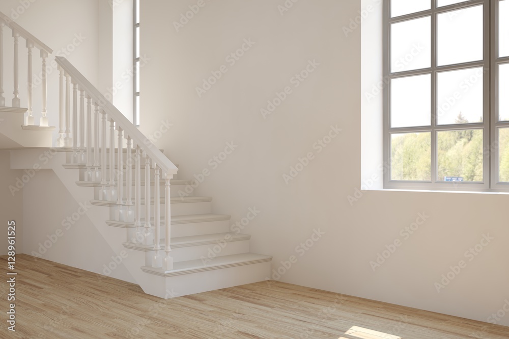 白色房间，带楼梯，窗户有绿色景观。斯堪的纳维亚室内设计