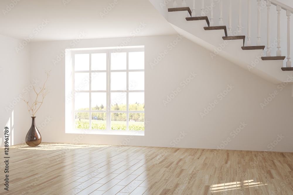 带楼梯的白色房间。斯堪的纳维亚室内设计