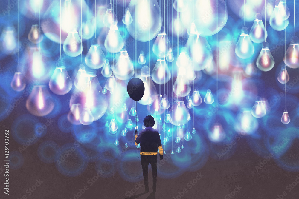 在一大堆发光的蓝色灯泡中，一个拿着黑色气球的男人，插图画