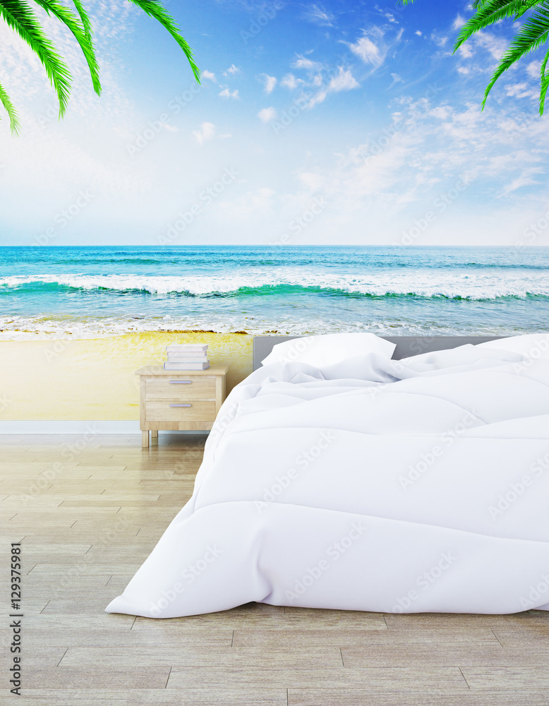 带海滩图片的时髦卧室